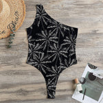 Black White Palm Tree Pattern Print One Shoulder Bodysuit