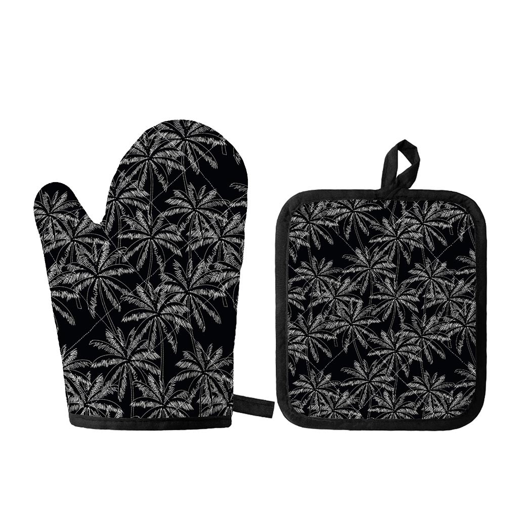 Black White Palm Tree Pattern Print Oven Mitt And Pot Holder Set