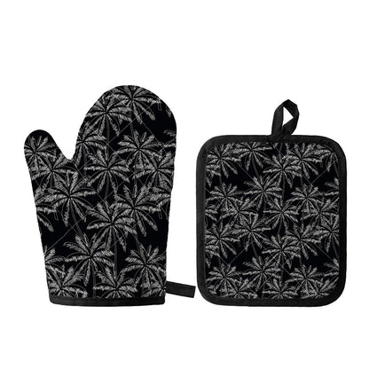 Black White Palm Tree Pattern Print Oven Mitt And Pot Holder Set