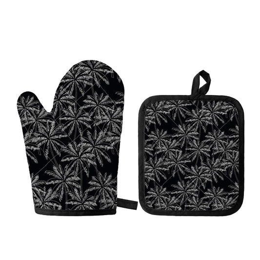 Black White Palm Tree Pattern Print Oven Mitt And Pot Holder Set