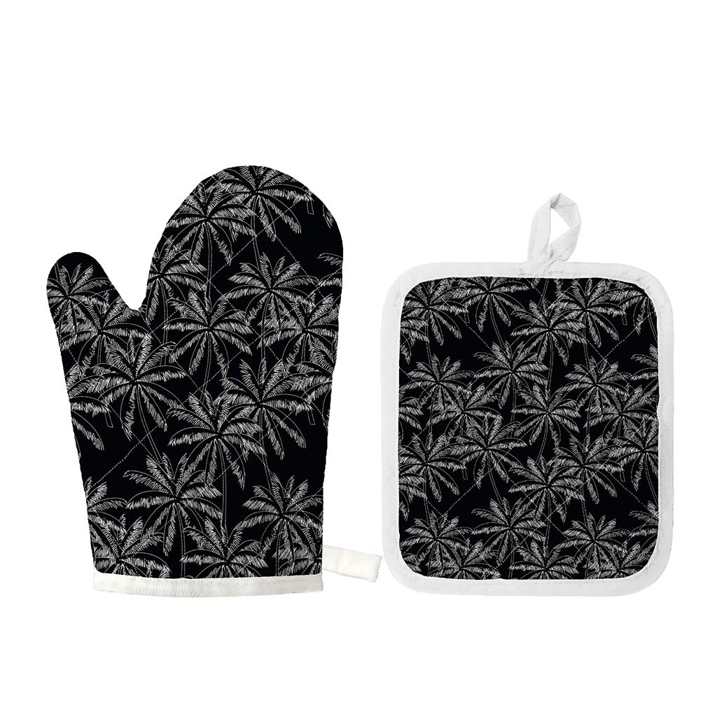 Black White Palm Tree Pattern Print Oven Mitt And Pot Holder Set