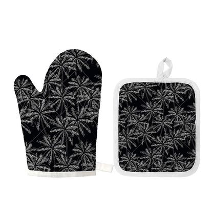 Black White Palm Tree Pattern Print Oven Mitt And Pot Holder Set