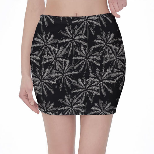 Black White Palm Tree Pattern Print Pencil Mini Skirt