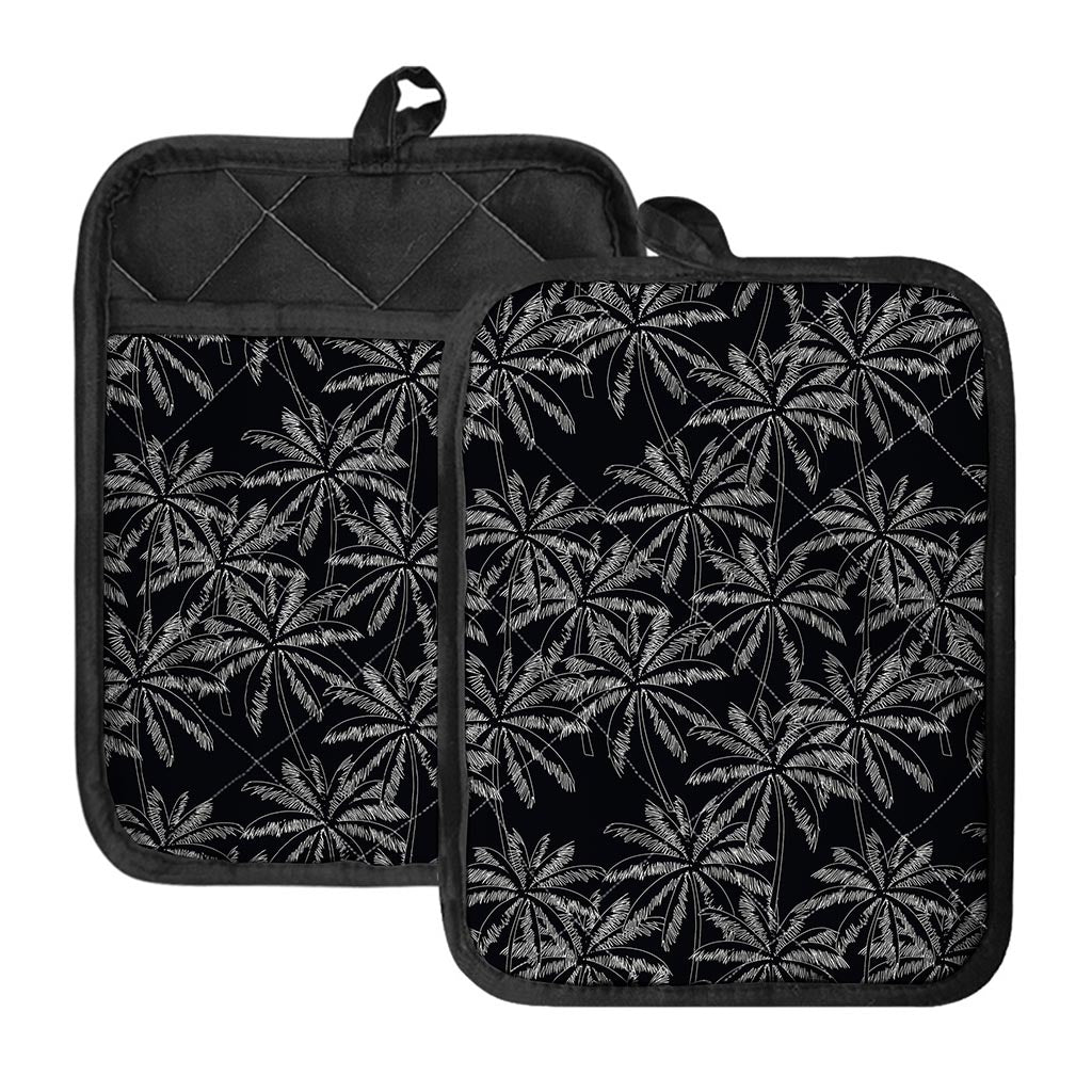 Black White Palm Tree Pattern Print Pot Holders With Pocket