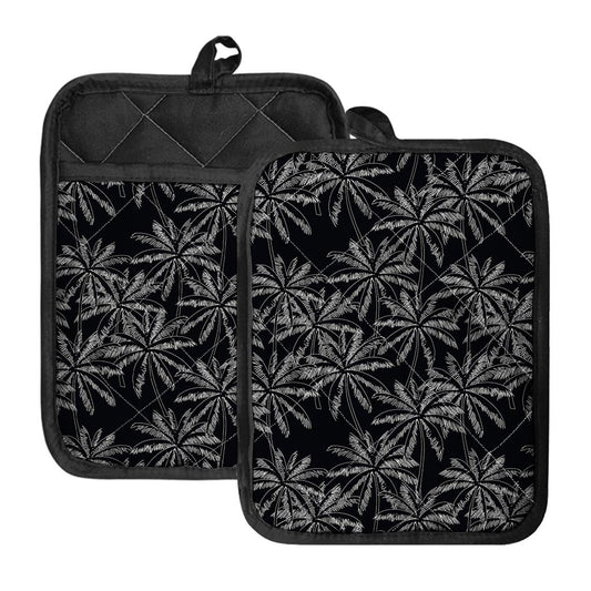 Black White Palm Tree Pattern Print Pot Holders With Pocket