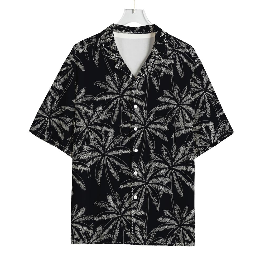 Black White Palm Tree Pattern Print Rayon Hawaiian Shirt