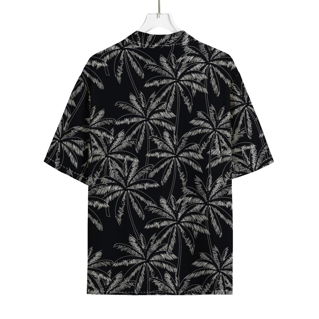 Black White Palm Tree Pattern Print Rayon Hawaiian Shirt