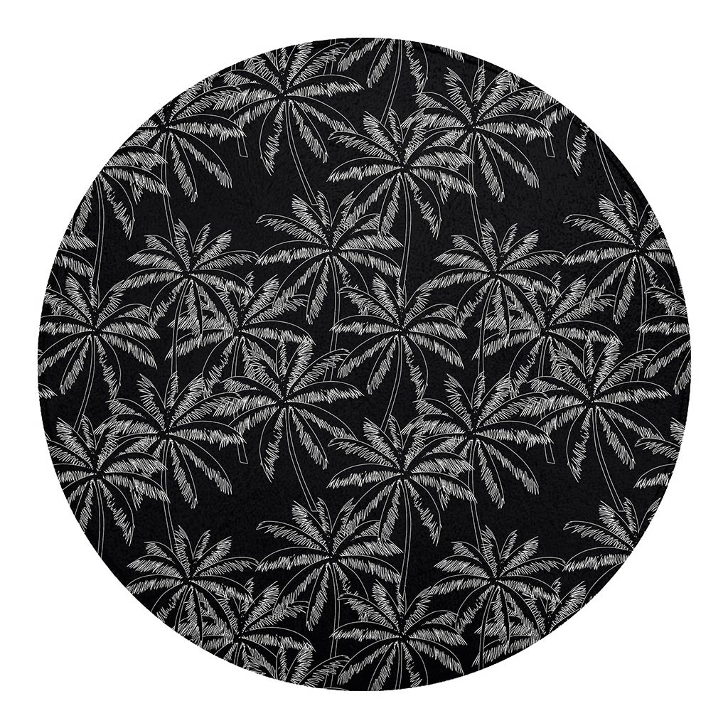 Black White Palm Tree Pattern Print Round Blanket