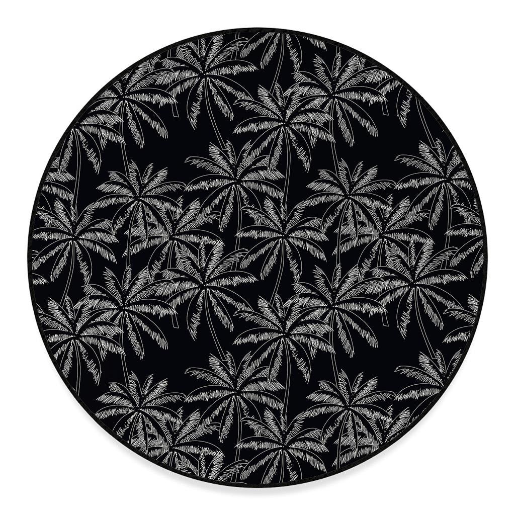 Black White Palm Tree Pattern Print Round Floor Mat