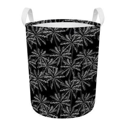 Black White Palm Tree Pattern Print Round Laundry Basket