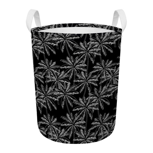 Black White Palm Tree Pattern Print Round Laundry Basket