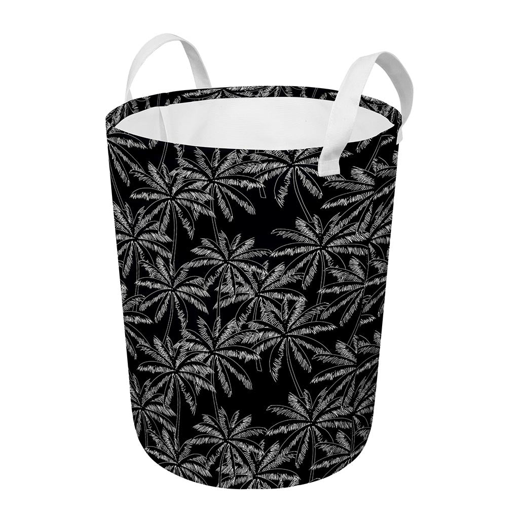 Black White Palm Tree Pattern Print Round Laundry Basket