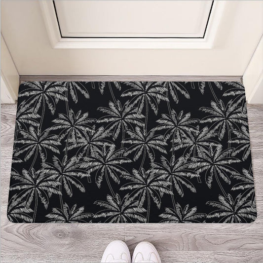 Black White Palm Tree Pattern Print Rubber Doormat