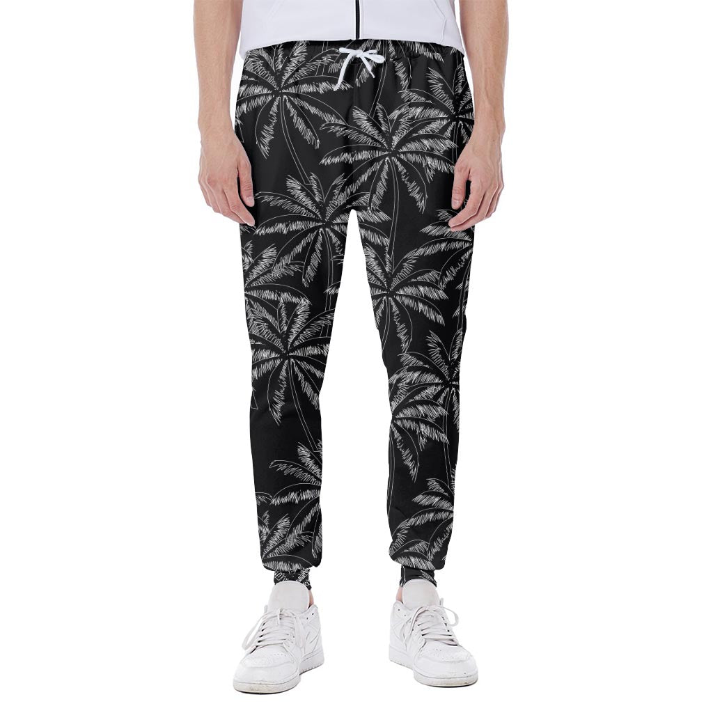 Black White Palm Tree Pattern Print Scuba Joggers