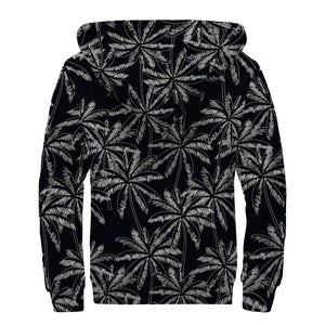 Black White Palm Tree Pattern Print Sherpa Lined Zip Up Hoodie