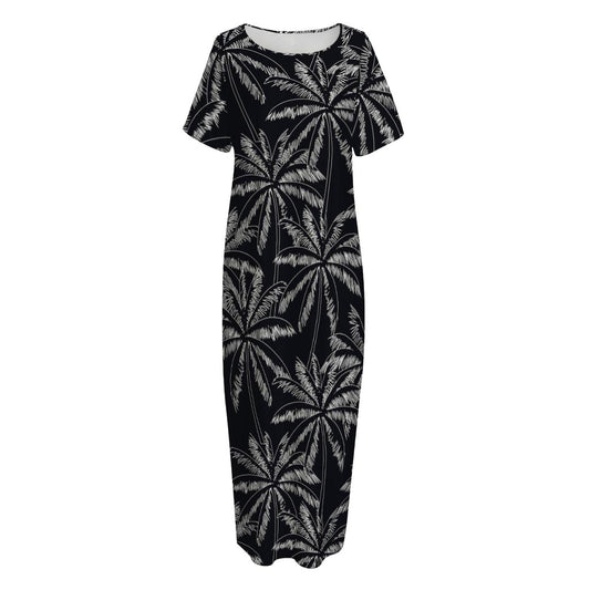 Black White Palm Tree Pattern Print Short Sleeve Long Nightdress