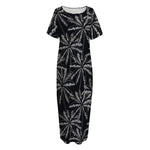 Black White Palm Tree Pattern Print Short Sleeve Long Nightdress