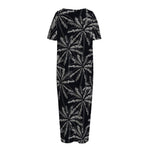 Black White Palm Tree Pattern Print Short Sleeve Long Nightdress