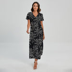 Black White Palm Tree Pattern Print Short Sleeve Maxi Dress