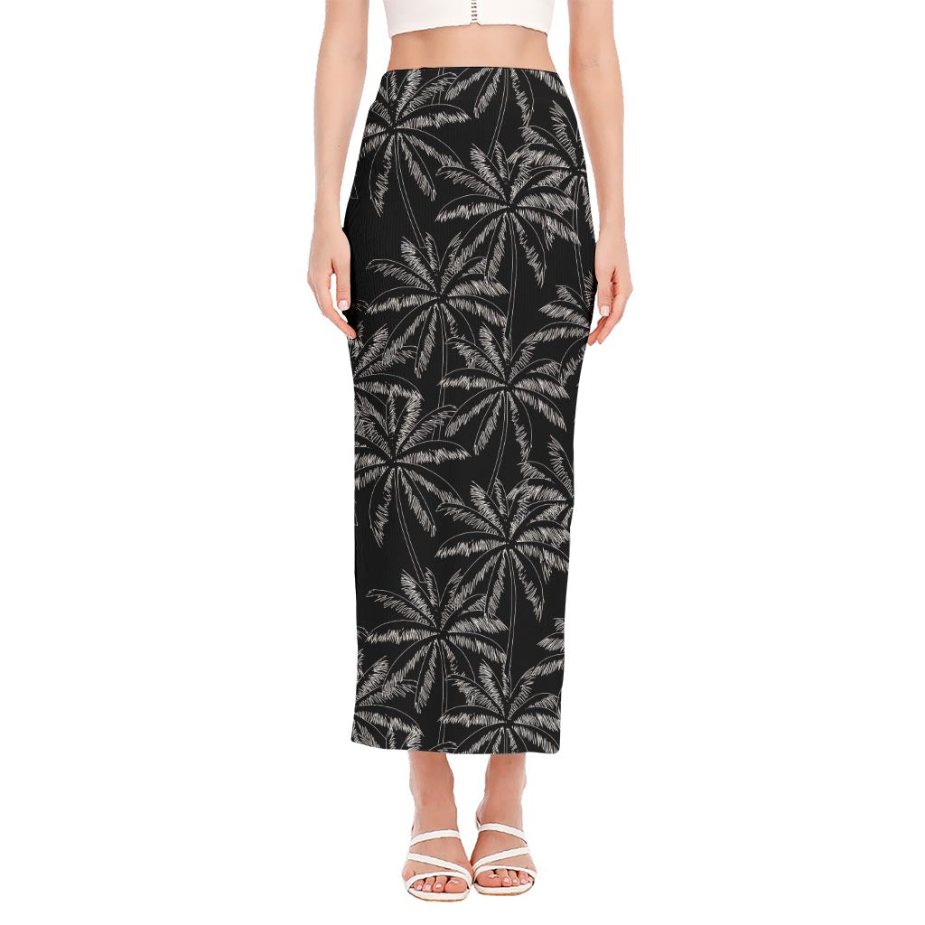 Black White Palm Tree Pattern Print Side Slit Maxi Skirt
