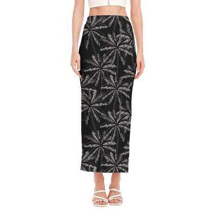 Black White Palm Tree Pattern Print Side Slit Maxi Skirt