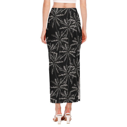 Black White Palm Tree Pattern Print Side Slit Maxi Skirt
