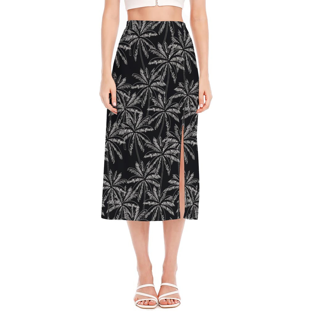 Black White Palm Tree Pattern Print Side Slit Midi Skirt