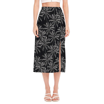 Black White Palm Tree Pattern Print Side Slit Midi Skirt