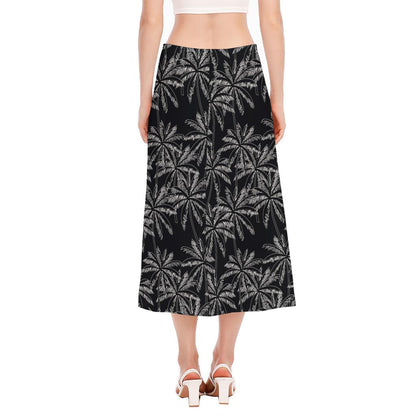 Black White Palm Tree Pattern Print Side Slit Midi Skirt