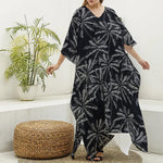 Black White Palm Tree Pattern Print Silk V-Neck Kaftan Dress
