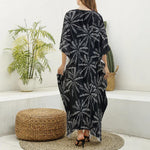 Black White Palm Tree Pattern Print Silk V-Neck Kaftan Dress