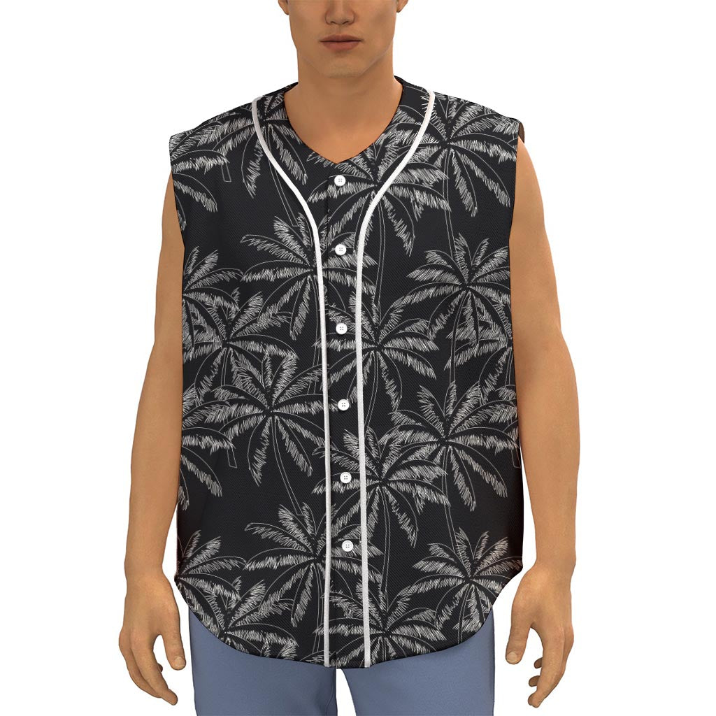 Black White Palm Tree Pattern Print Sleeveless Baseball Jersey