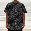 Black White Palm Tree Pattern Print Textured Short Sleeve Shirt