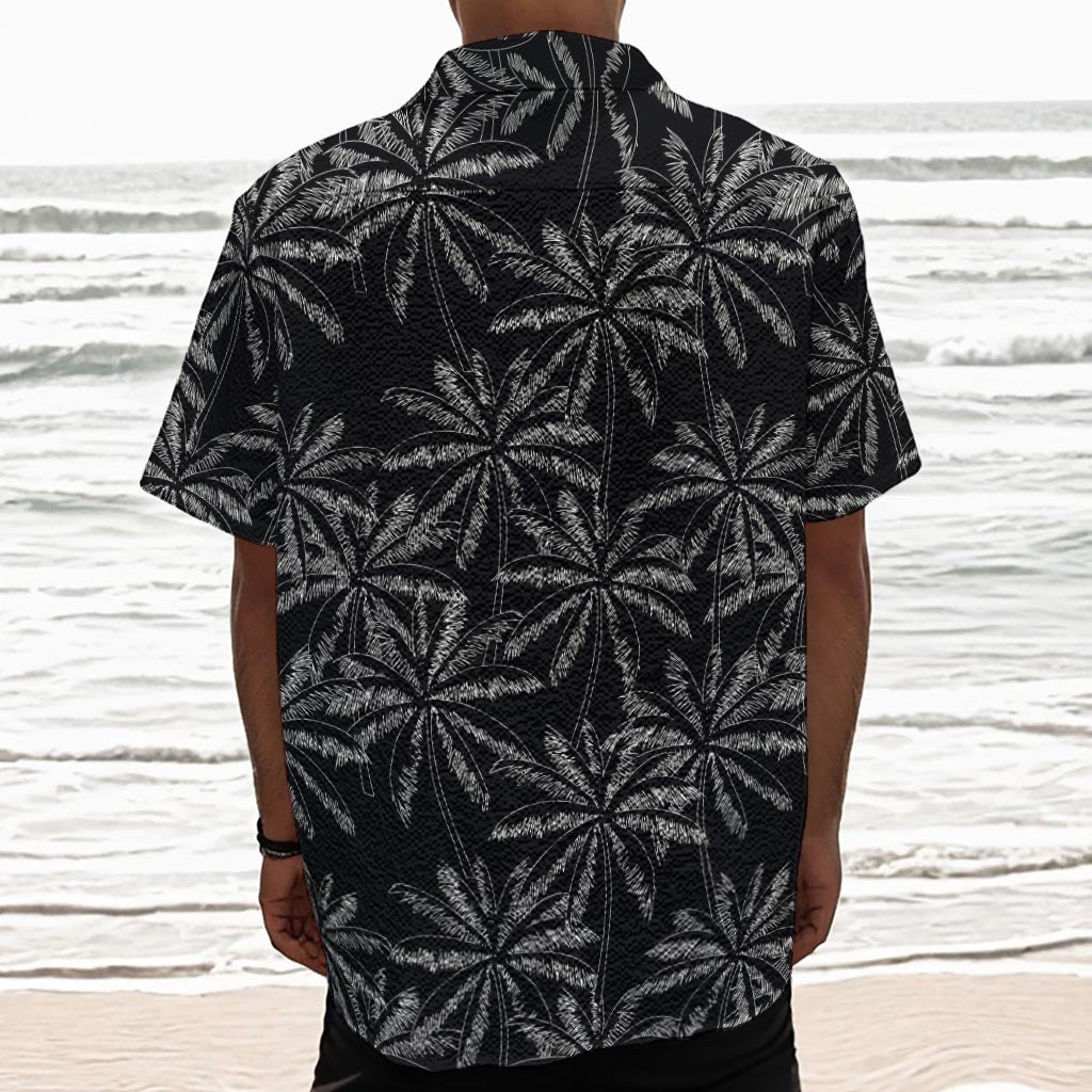 Black White Palm Tree Pattern Print Textured Short Sleeve Shirt