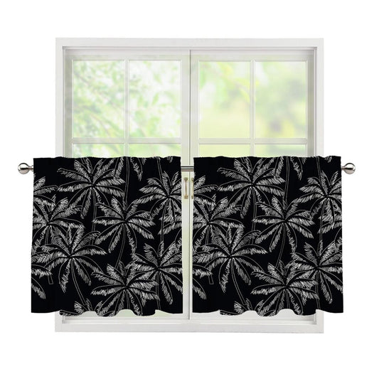 Black White Palm Tree Pattern Print Tier Curtains