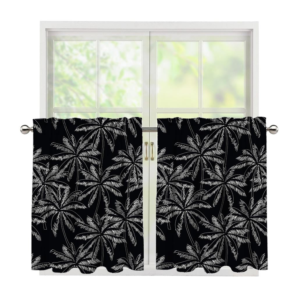 Black White Palm Tree Pattern Print Tier Curtains