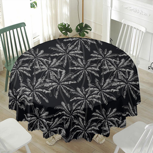 Black White Palm Tree Pattern Print Waterproof Round Tablecloth