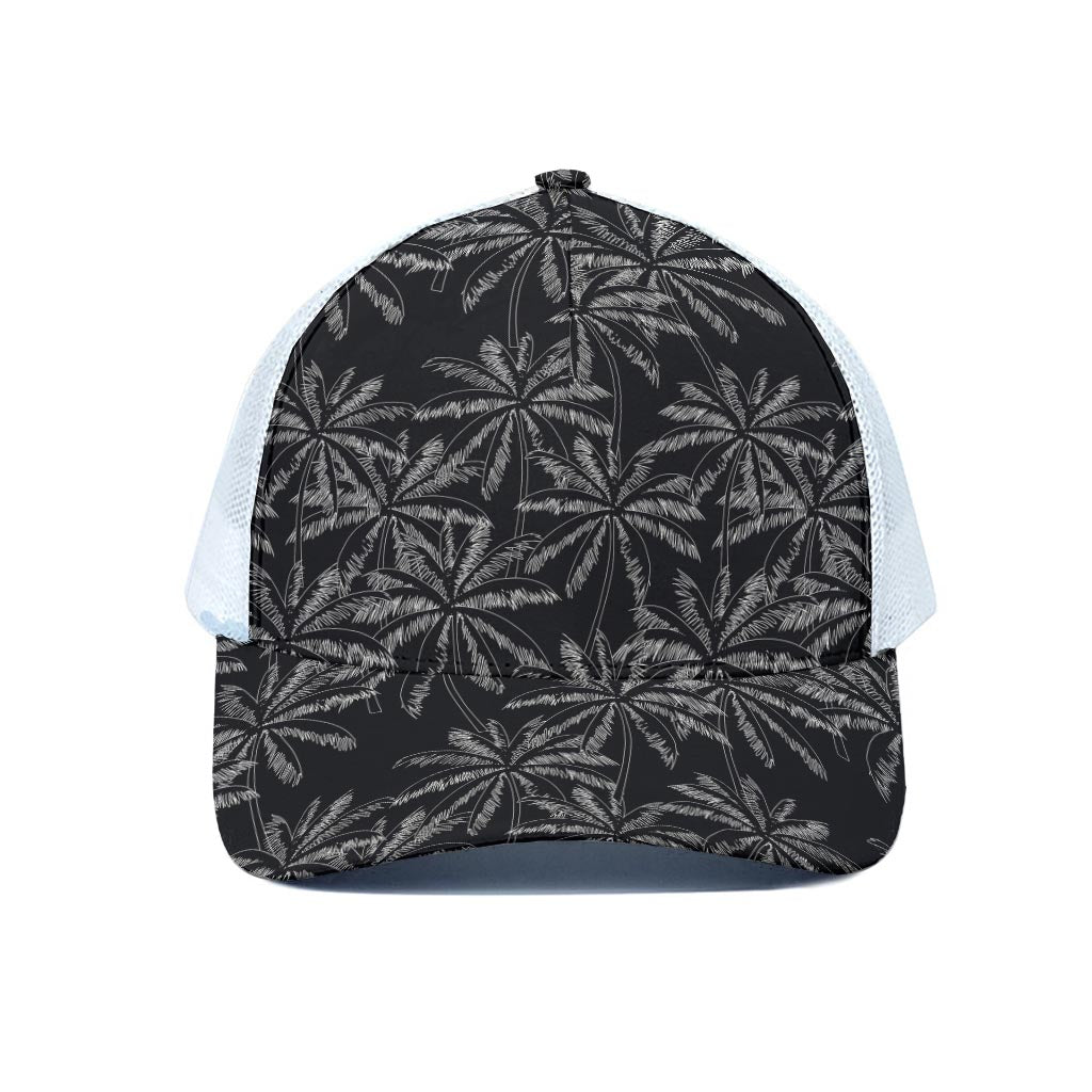 Black White Palm Tree Pattern Print White Mesh Trucker Cap