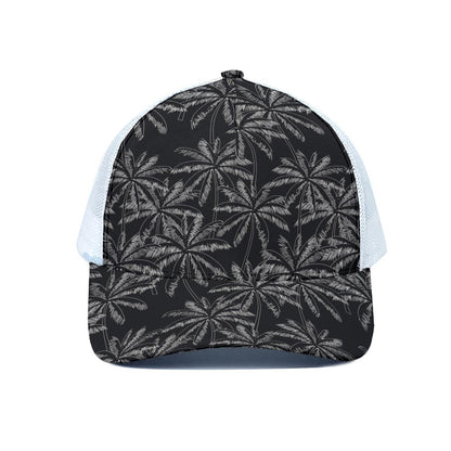 Black White Palm Tree Pattern Print White Mesh Trucker Cap