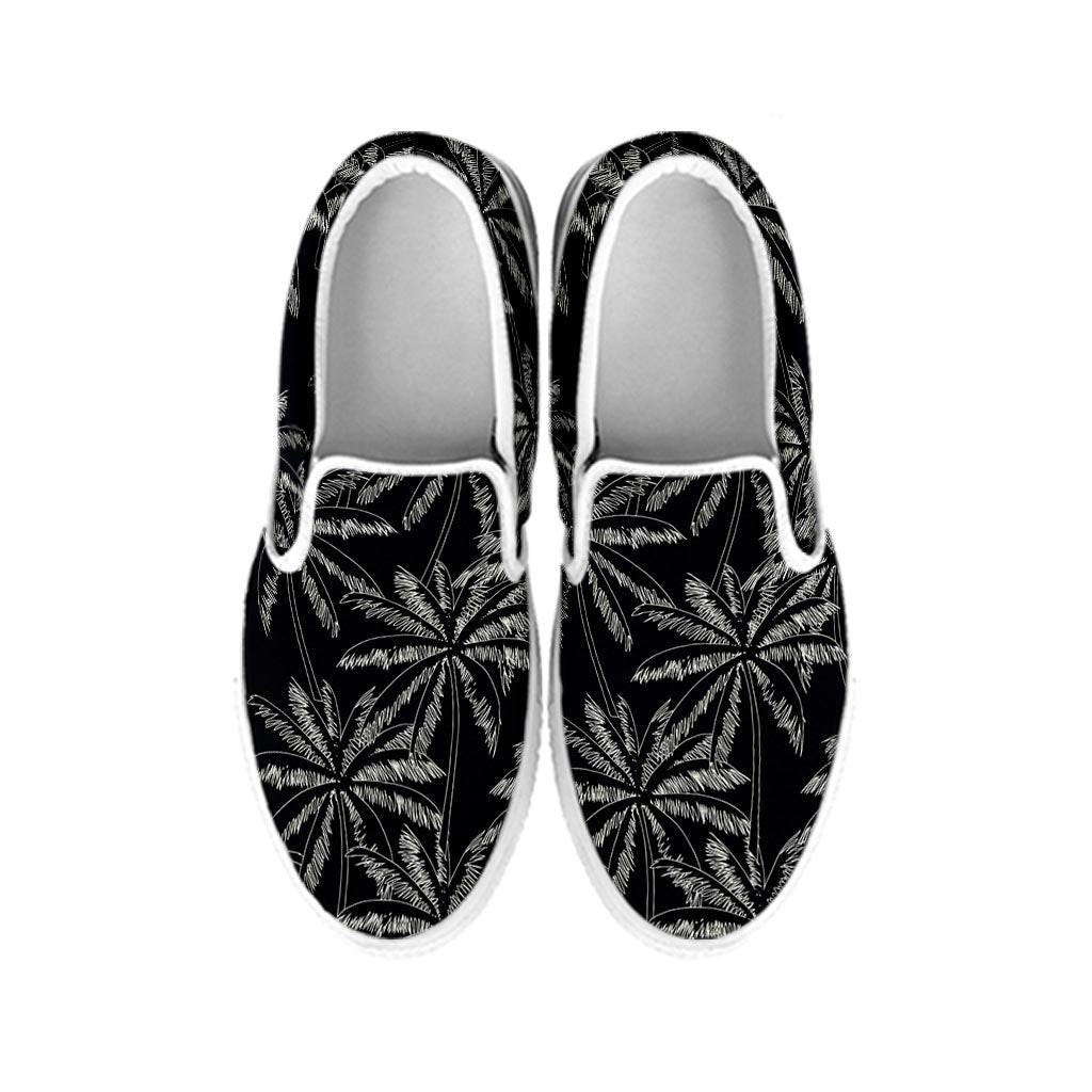 Black White Palm Tree Pattern Print White Slip On Sneakers