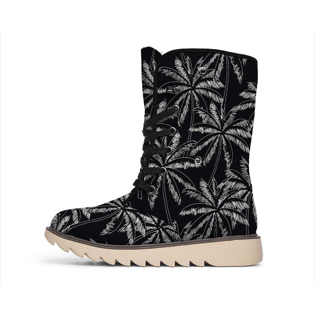 Black White Palm Tree Pattern Print Winter Boots