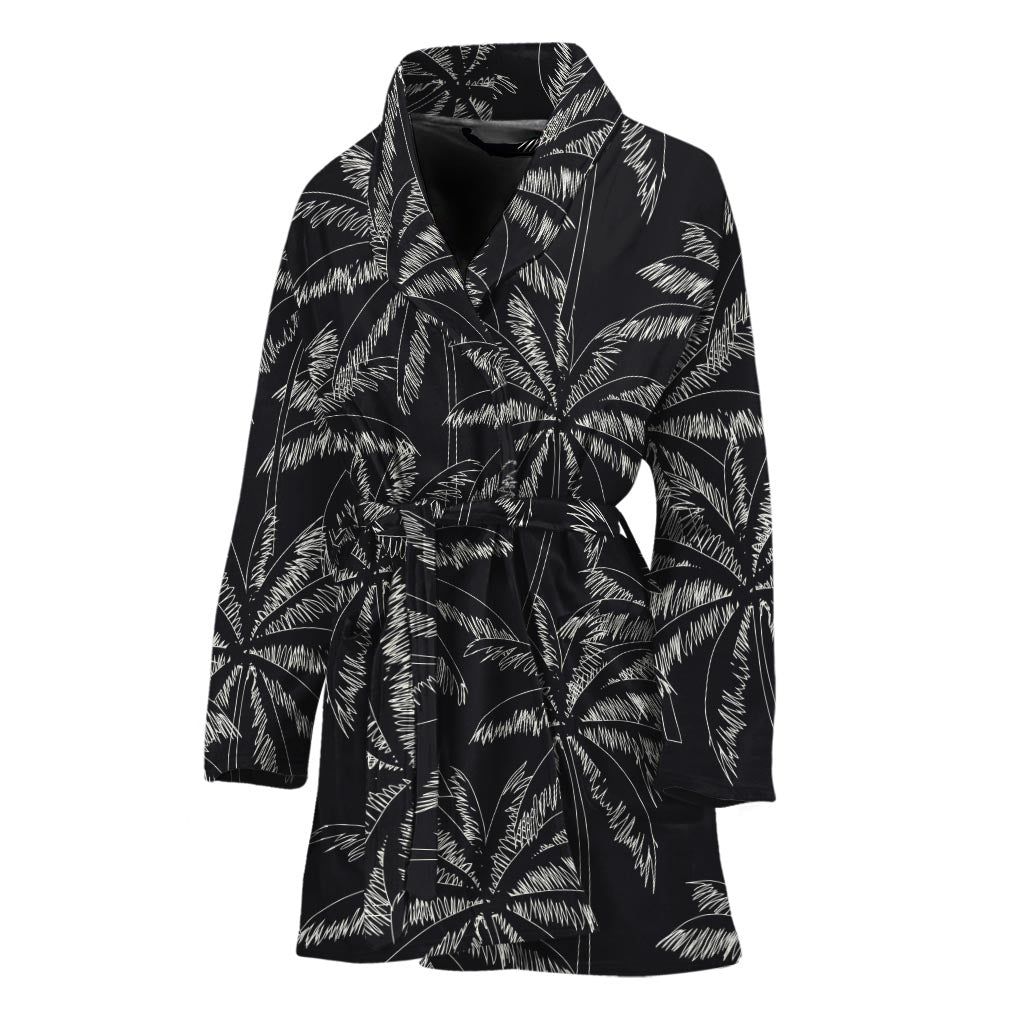 Black White Palm Tree Pattern Print Women's Bathrobe