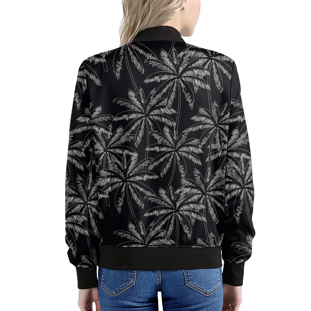 Black White Palm Tree Pattern Print Women's Bomber Jacket