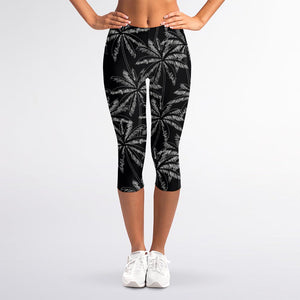 Black White Palm Tree Pattern Print Women's Capri Leggings