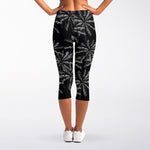 Black White Palm Tree Pattern Print Women's Capri Leggings