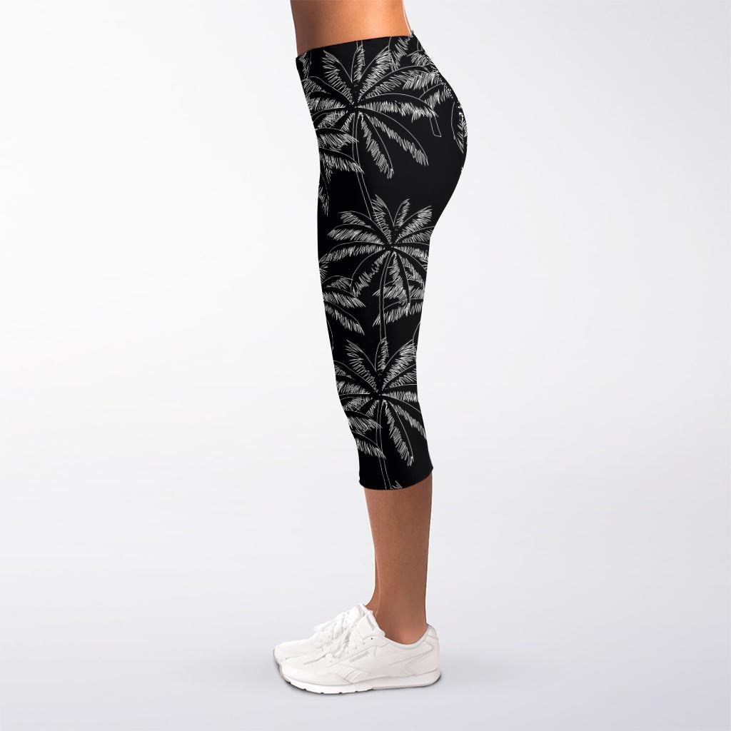 Black White Palm Tree Pattern Print Women's Capri Leggings