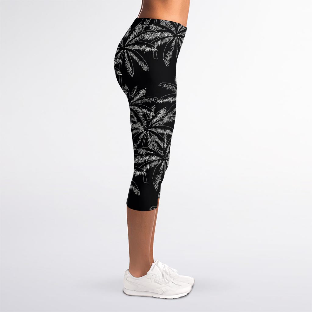 Black White Palm Tree Pattern Print Women's Capri Leggings
