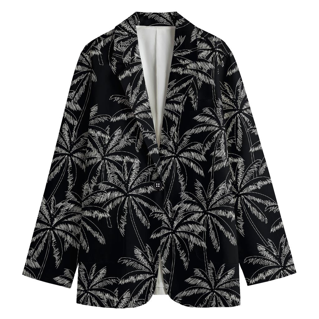 Black White Palm Tree Pattern Print Women's Cotton Blazer