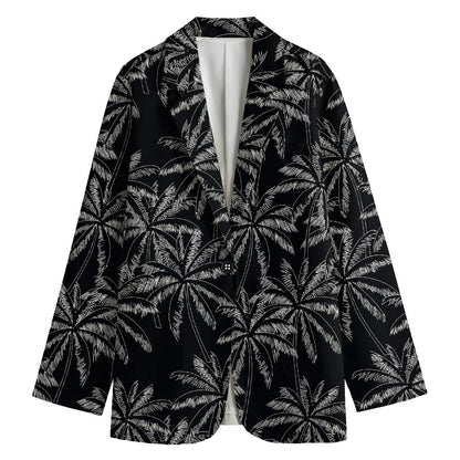 Black White Palm Tree Pattern Print Women's Cotton Blazer