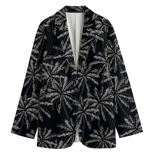 Black White Palm Tree Pattern Print Women's Cotton Blazer
